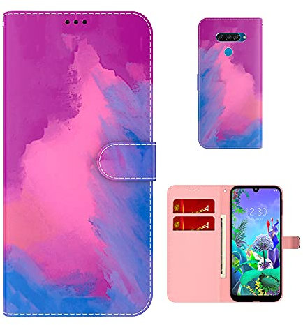 VQWQ Cover Compatible with LG K50 / LG Q60 Custodia Pelle - Dipinto Colorato Case Folio con Porta Carte Portafoglio Magnetica Flip Wallet Case LG K50 / LG Q60 [Acquerello] - Fucsia
