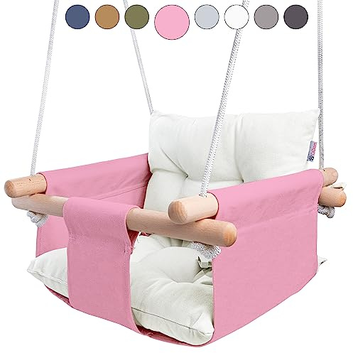 CaTeam - Altalena per Bambini in Tela, Sedia Altalena Sospesa in Legno con Cintura di Sicurezza, Sedia per Amaca Resistente, Altalena per Esterni e Interni per Bambini, Rosa