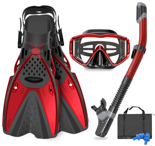 AosDero Mask Fins Snorkeling Gear for Adults Men Women, Panoramic View Diving Mask, Anti-Fog Dry Top Snorkel, Adjustable Freediving Swimming Fins/Flippers, Travel Bags for Lap Swimming