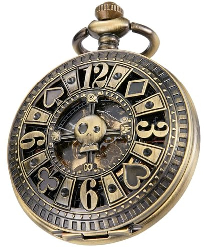 Tiong Vintage Unique Hollow Mechanical Steampunk Pocket Watch with Chain Skeleton Roman Numerals Pocket Watches for Men Gifts & Box