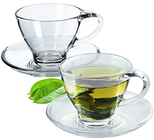 KADAX Set di tazze da caffè, 200 ml, bicchieri da tè con piattini e manici, tazze in vetro per caffè, tè, cappuccino, tazze da tè (Hannah, 2 pezzi)