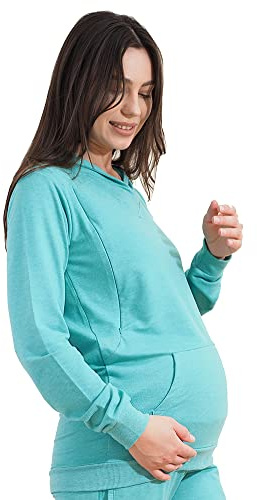 Mamatoto Mamma-huvtröja för amning, mjuk känsla, graviditets- och amningströja med känguruficka, Blågrön, 42