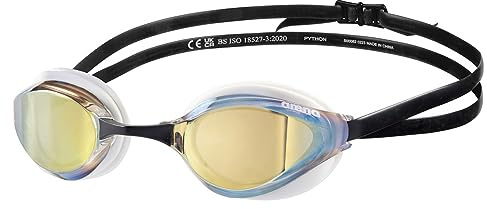 Arena Lunettes de natation unisexes pour adultes Python Racing pour homme et femme, verres miroir anti-buée, confort maximal, double sangle, doré/blanc/noir