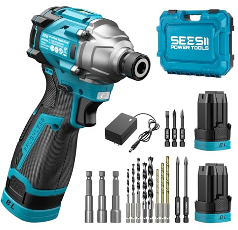 SEESII 16.8V Impact Driver Kit, 1/4 Hex Cordless Impact Driver Set & 2×2.0Ah Batteries, 150N.m Max Torque(1327 In-lbs) Brushless Power Impact Driver w/ 16Pcs Drill Bits, 0-3300RPM Variable Speed