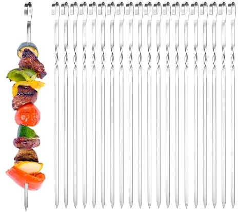 Spiedini per kebab, 20 spiedini in acciaio inox, piatti e riutilizzabili, per barbecue, cocktail, shish e kebab, 38 cm