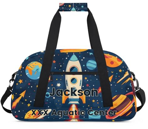 Personalized Cute Rocket Star Gym Duffel Bags for Kids Boys with Custom Name Sport Training Travel Bags,Gift for Children,Blue