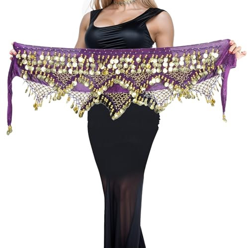 Bauchtanz Hüftschal Schal mit Fransen Tribal Dreieck Quasten Wrap, Münze Pailletten Bund Rock (DE/NL/SE/PL, Numerisch, 38, Regular, Regular, Lila)