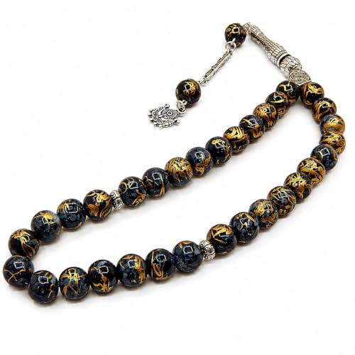 Perlin Collier de prière Tesbih Tasbih Tespih Misbaha Subha 33 - Verre de 10 mm - Chapelet musulman islamique - Accessoire de culte - Effet pierre précieuse, M, Verre Laiton, Pas de gemme