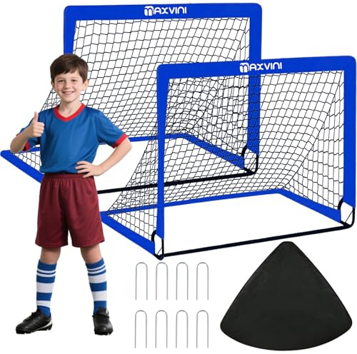 MAXVINI Set of 2 Football Goals Set for Kids, 3X2.4 FT Portable Pop Up Soccer Training Nets for Garden with 8 Ground Nails & Carry Bag, Easy Assembly and Foldable Suitable for Backyard, Beach, Outdoor