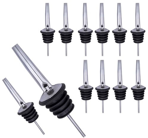 pangutheos 12 Pezzi Versatori In Acciaio Inox Metal pour Beccuccio Liquore Tappo Versatore Dosatore Professionale Versatore per Liquori con Cappucci di Gomma per Vino Olio Cocktail Succo