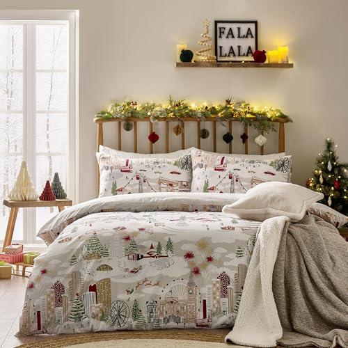 furn. Joy To All Duvet Cover Set – Reversible Christmas Bedding with Cities and Landmarks Design (Snow/Berry - King)