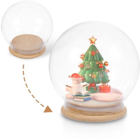 Zerodeko DIY Snow Globe Kit 10cm Glass Dome with Bamboo Base Display | Clear Fillable Cloche Display for Preserved Flowers Mini Figures Fairy Lights Crafts Shelves and Tabletop Decor