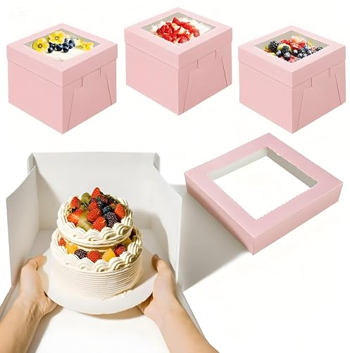 LYSHOOCE 5 Piezas Cajas de Tartas Carton con Ventana - 20 × 20 × 20 cm - Ecológicas (3 piezas Rosa)