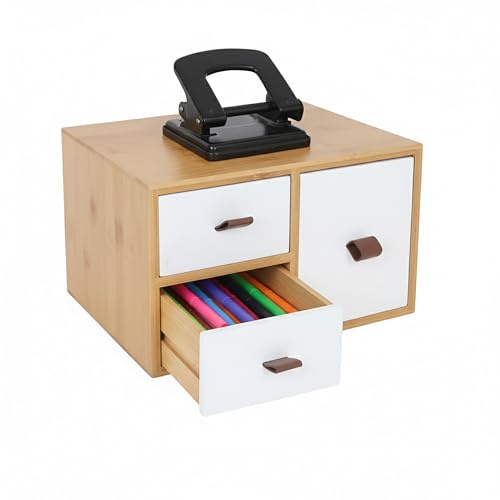 Relaxdays Cassettiera in bambù e MDF, 3 cassetti, HLP: 15 x 25 x 20 cm, Organizer scrivania, Naturale/Bianco