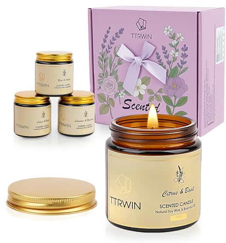 TTRWIN Coffret cadeau de 4 bougies de soja naturelles pour la relaxation : lavande et romarin, rose et ambre, agrumes et basilic, poire britannique et freesia, cadeaux d'anniversaire et de Noël pour