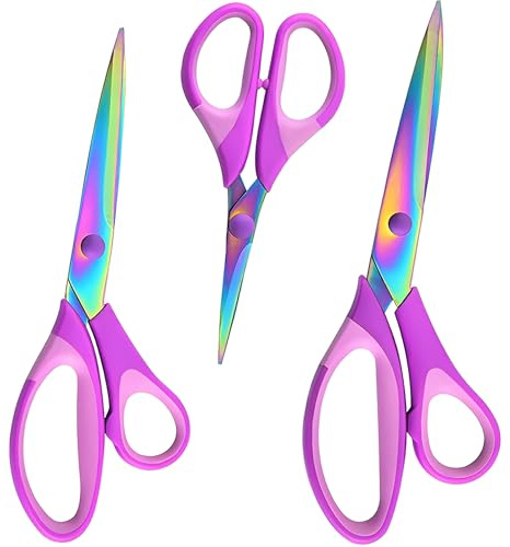 Houbobo Scissors All Purpose 3 Pack，Premium Titanium-Coated Stainless Steel Blade Shears, Professional Ergonomic Comfort Grip for Office School Home Fabric Sewing DIY Craft Cutting General Use, Purple