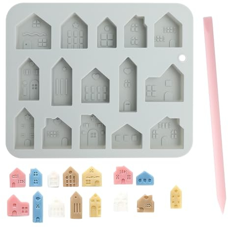 XRVRILE Stampo in Silicone Casa 15 Forme, Stampo Colata per Gesso, Raysin, Cemento Creativo e Resina, Mini Case Decorative Fai da Te per Decorazioni e Idee Regalo