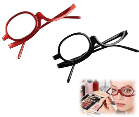 Xevtrak Single Lens Makeup Glasses, 2pcs Square Frame, Presbyopia 250 Degrees Black, 350 Degrees Red, Flip-down Rotating Lens, Lightweight Versatile Cosmetic Readers, Women Makeup Essential Glasses