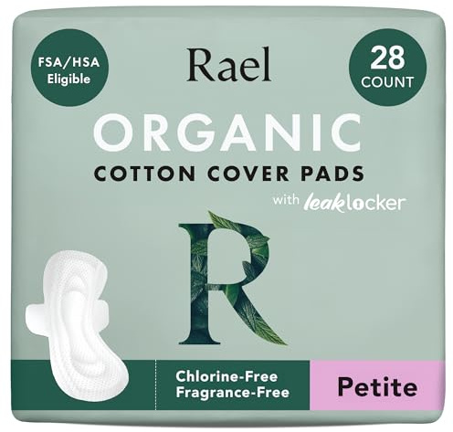 Rael Organic Cotton Cover Sanitary Towels, Light Flow (Petite, 28 Count) | For Girls & Teenagers, Period Pads with Wings, Ultra Thin, Light Absorbency, Unscented, Hypoallergenic, Vegan, Cruelty Free,
