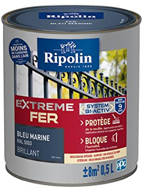 RIPOLIN - Peinture pour Fer Extérieur - Glycéro Antirouille - Sous-couche intégrée - Application directe sur Rouille - Résistante aux Intempéries, UV et Chocs - Brillant - 0,5L - Bleu Marine RAL 5003