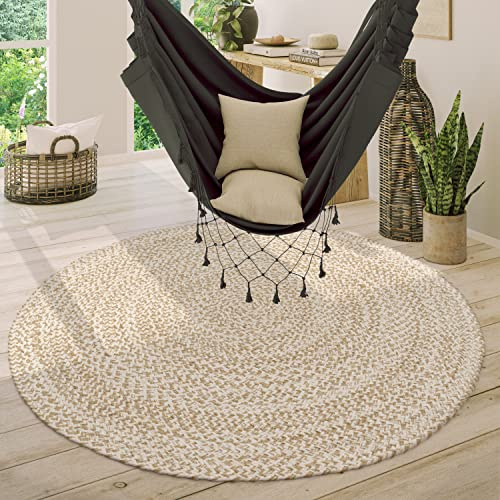Paco Home Teppich Rund Wohnzimmer Jute Boho Ethno Muster Modern Handgefertigt Naturteppich, Grösse:160 cm Rund, Farbe:Beige