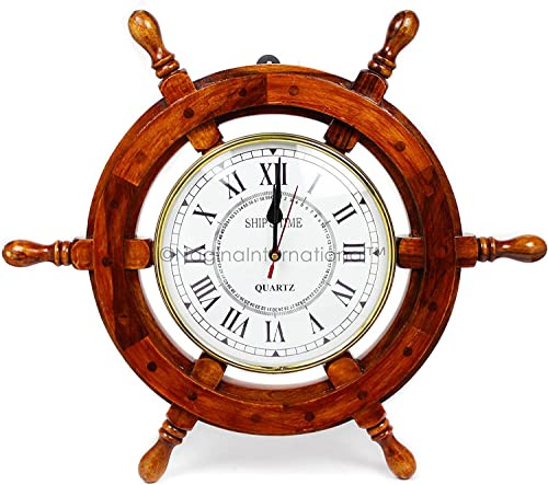 Antiqueara Orologio da parete in legno massiccio da 45,7 cm con ruota di nave e oblò, decorazione nautica a forma di ruota di nave da 45,7 cm, orologio da 45,7 cm con timone nautico in legno con