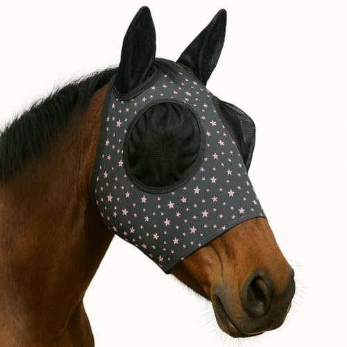Horse Fly Mask - Durable Equine Fly Mask with Full Coverage for Eye & Ear - Stretchable, UV & Sun Protection Flymask for Horses, Ponies & Mini Horses - Horse Face Cover for Pasture & Trail - Stars