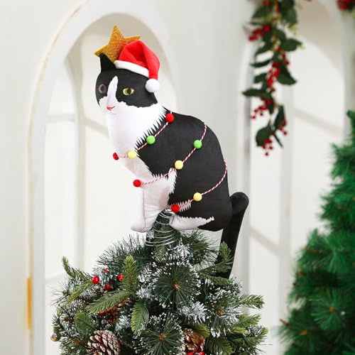 JellyArch Cat Christmas Tree Topper with Hat, Glitter Star Wings Decor Ornament Plush Cat Lover Gift Ideas for Holidays