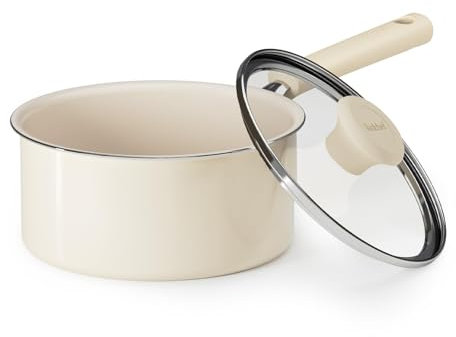 Redchef Ceramic Nonstick Saucepan with Lid,18cm Small Cooking Pot, Non Toxic Sauce Pans for Kitchen, Cool Handle PFAS Free Compatible with All Cooktops, White