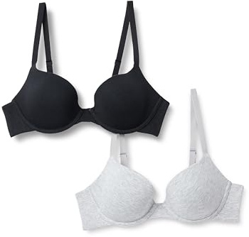 Amazon Essentials Women's Cotton Jersey Lined Wired Plunge Push-Up Bra, Pack of 2, Black/Grey Heather, 32C