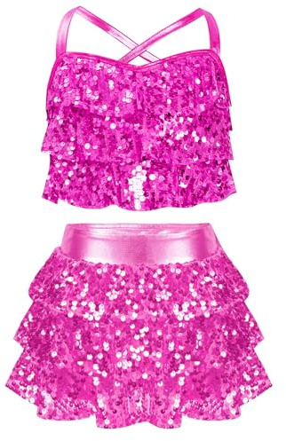 Yhong Vestido de baile para niña, con lentejuelas, disfraz de baile con falda corta, traje de baile, jazz, ropa de danza moderna