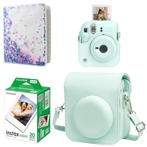 Kit de iniciación de cámara instantánea Mini 12 para Fuji Instax Mini 12 verde menta, incluye mini película instantánea 20 fotos, funda de piel sintética a juego para Instax Mini 12 verde y mini álbum