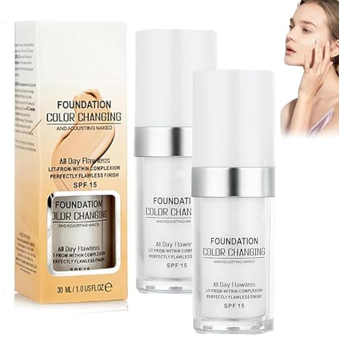 2PCS Farbwechselnde Foundation Reife Haut, Farbwechsel Grundierung 30ml Flüssige Grundierung zum Erwärmen der Hautfarbe SPF15 Langanhaltendes Make-up Feuchtigkeitsspendender Concealer