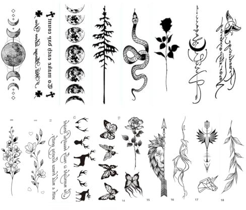 YAPKOLV 18 Fogli Tatuaggi Temporanei Luna, Nero, Rosa, Serpente Tatuaggi Finti Impermeabili per Donne, Ragazze, Bambini, Uomini