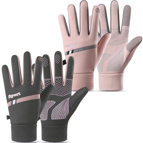 Mayoii 2Pairs Waterproof Cycling Gloves for Women, Warm Winter Running Gloves for Biking/Cycling/Rugby/Running/Football/Mountain/Hiking (Pink*Grey)