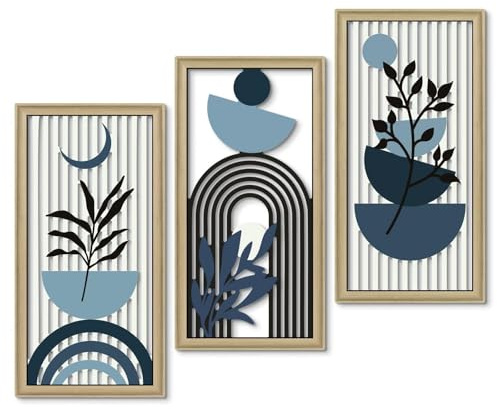 YunBey Set di 3 Decorazioni Murali in Stile Mid-Century Modern, Quadri d'Art Abstratti di Piante e Geometrici Incorniciati | Stampa ad Alta Definizione, Cornice in Legno Massiccio per Sala, Camera, Sa