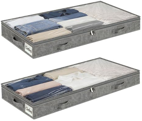 Pomodee Confezione da 2 Contenitori Sottoletto 100L con Coperchio e Cerniera,Scatole Pieghevoli con Finestra Trasparente e 4 Maniglie–Organizzatori per Vestiti,Coperte e Trapunte (100x50x10cm, Grigio)