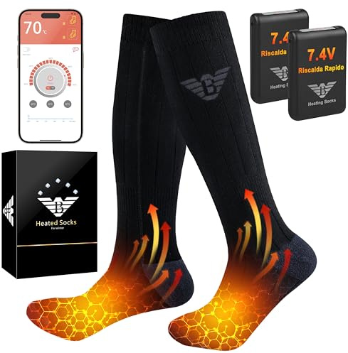 Calcetines calentados para hombre y mujer – 7,4 V 3000 mAh calcetines calentados a batería, control de las aplicaciones, calcetines calefactables para invierno al aire libre