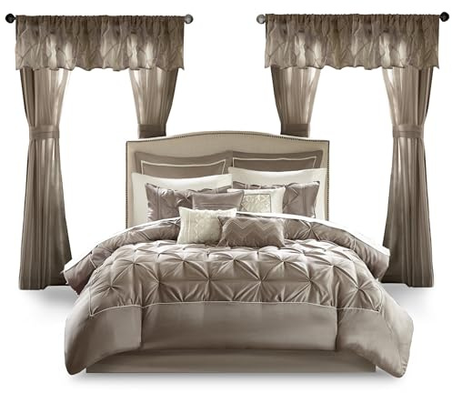 Madison Park Essentials Room in a Bag Faux Silk Comforter Set - Luxe Diamond Tufting All Season Bedding, Matching Curtains, Decorative Pillows, Taupe Queen(90x90) 24 Piece