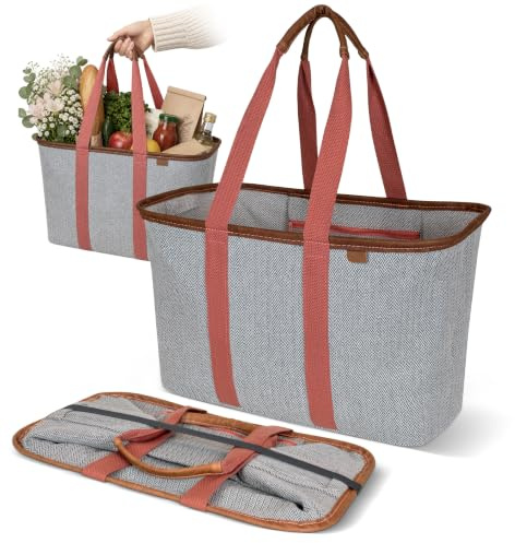 CleverMade Hopfällbar LUXE kasse, ros fiskben – 30 L (8 Gal) strukturerad tygväska med handtag och förstärkt botten – återanvändbar matkasse, shoppingväska, användbar tygväska