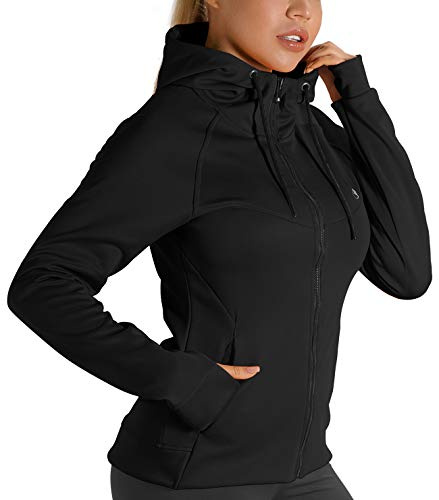icyzone Giacca Sportiva Donna con Cappuccio,Felpa Termica con Zip e Fori per i Pollici (XL,Nero)