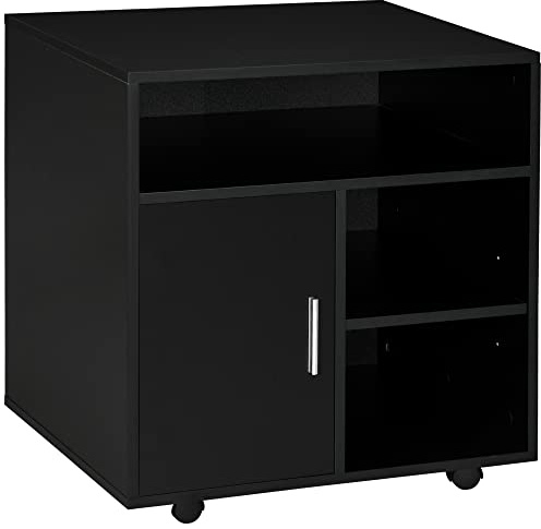 HOMCOM Multi-Storage Printer Stand Unit w/Wheels 60L x 50W x 65.5H cm Black | Office Desk Side, Mobile Storage, Modern Style
