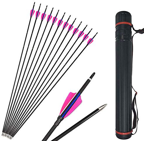 SHARROW 12pcs Bogenschießen Carbonpfeile 31 Zoll mit Naturfedern Carbon Pfeile für Bogen Spine 900 Bogenpfeile Zielübungspfeile für Recurvebogen Longbogen (Rosa+Köcher)