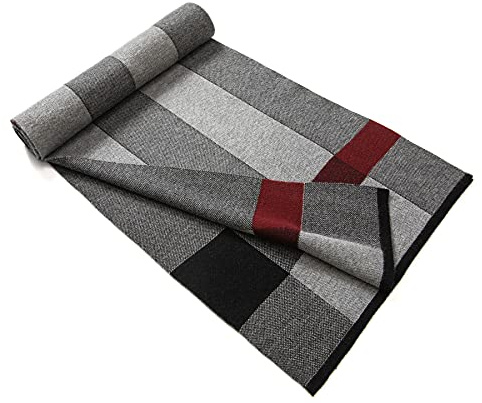 Lindoro Merino Wool Scarf for Men, Tartan Warm Lightweight Plaid Winter Long Scarves w/Gift Box (Black & Gray)