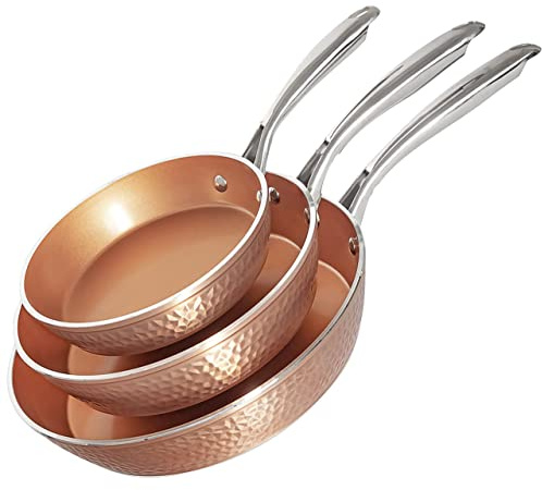 Gotham Steel Hammered Frying Pan Set, 3 Piece Nonstick Copper Fry Pans, 8”, 10” & 12” Skillet, Omelet Pan, Cookware, PFOA Free, Dishwasher Safe, Cool Touch Handle