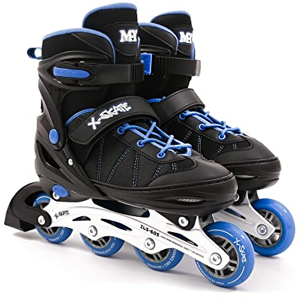 M.Y X-Skate Adjustable Blue Inline Roller Skates with Built In Adjusters Kids Roller Boots for Boys & Girls - Medium