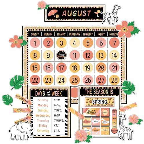 Safari Jungle Animal Calendar Bulletin Board Set Simply CTP Bulletin Board Calendar Seasons Weather Chart Animal Classroom Decoration with Season, Weather and Days of the Week Chart Back to School