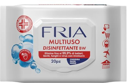 Fria Multiuso Disinfettante BW, Elimina fino al 99.9% di Batteri, Lieviti, Funghi e Virus con Involucro, Presidio Medico Chirurgico, Confezione da 20 Salviette