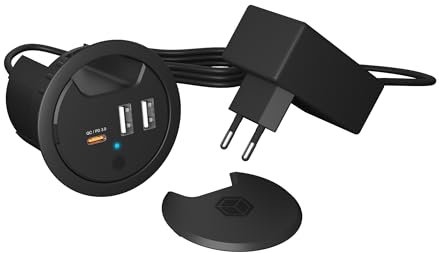 ICY BOX 3-Port Tischladegerät, 2X USB-A & 1x USB-C, Für 60mm Bohrungen, Gerät dient nur zum Laden, Schwarz, IB-HUB1407
