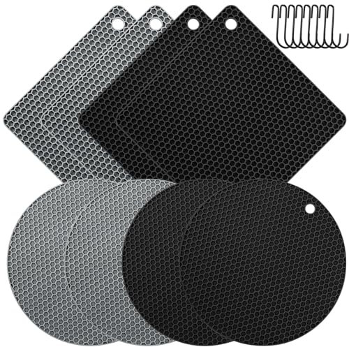 8 Stück Topfuntersetzer Hitzebeständig mit 8 Stück Aufbewahrungshaken, Silikon Topflappen(4 Rund, 4 Viereckig) Multifunktional Spülmaschinenfest Premium rutschfest Wabenmuster Untersetzer